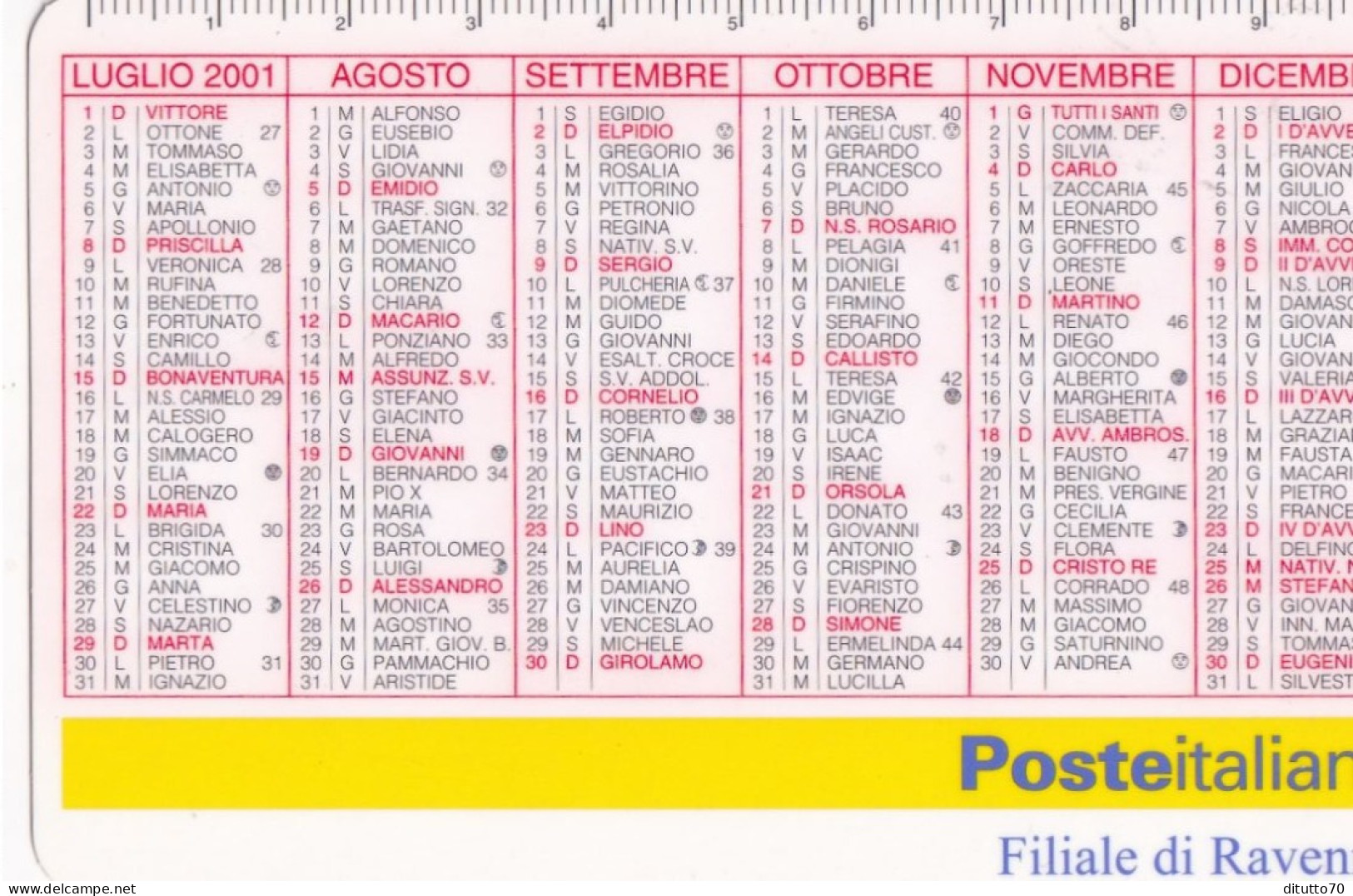 Calendarietto - Poste Italiane - -filiale Di Ravenna - Anno 2001 - Petit Format : 2001-...