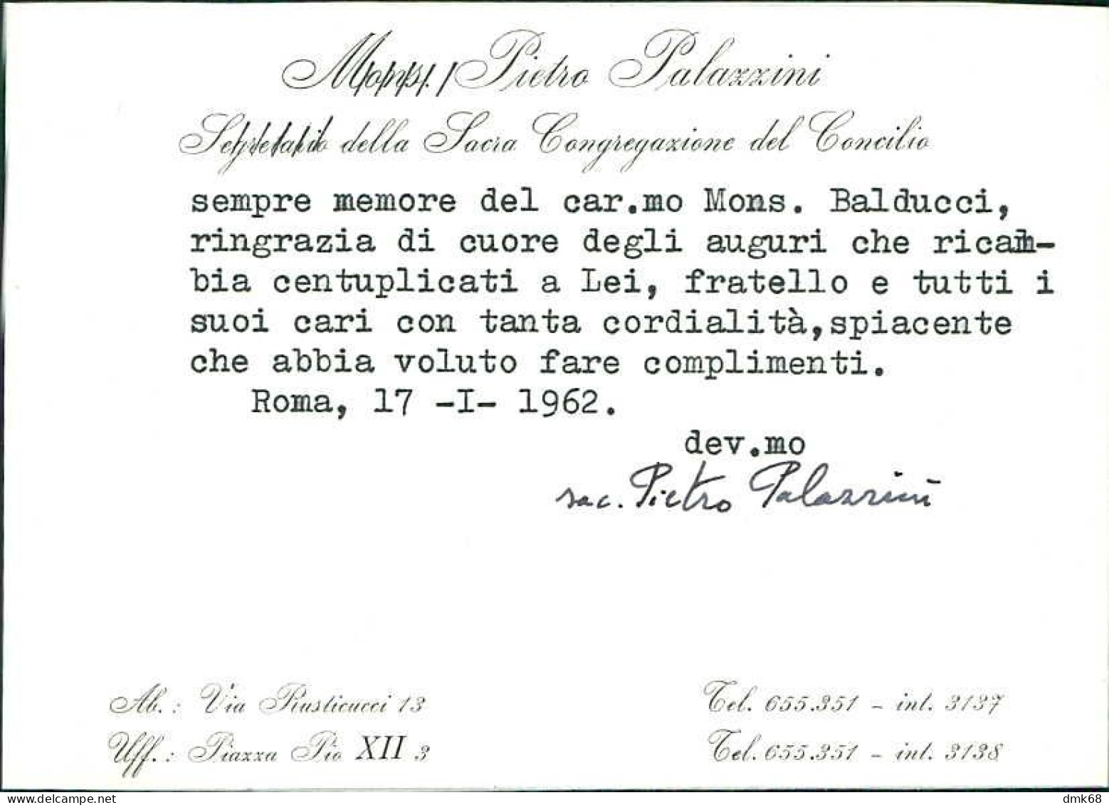 CARDINAL / CARDINALE PIETRO PALAZZINI ( PIOBBICO / PESARO ) BIGLIETTO INTESTATO CON AUTOGRAFO / AUTOGRAPH (20762) - Autres & Non Classés