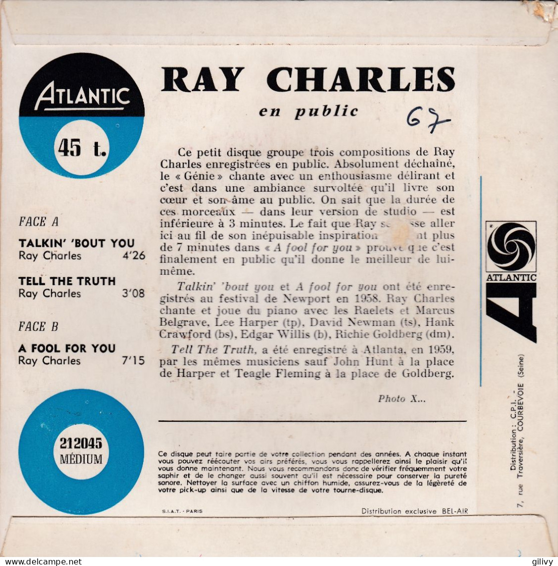 RAY CHARLES : " En Public " - EP - Soul - R&B