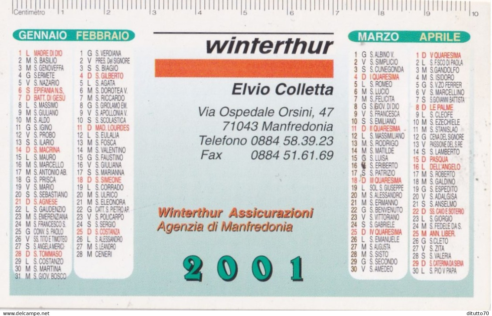 Calendarietto - Winterthur Assicurazioni - Manfredonia - Anno 2001 - Kleinformat : 2001-...