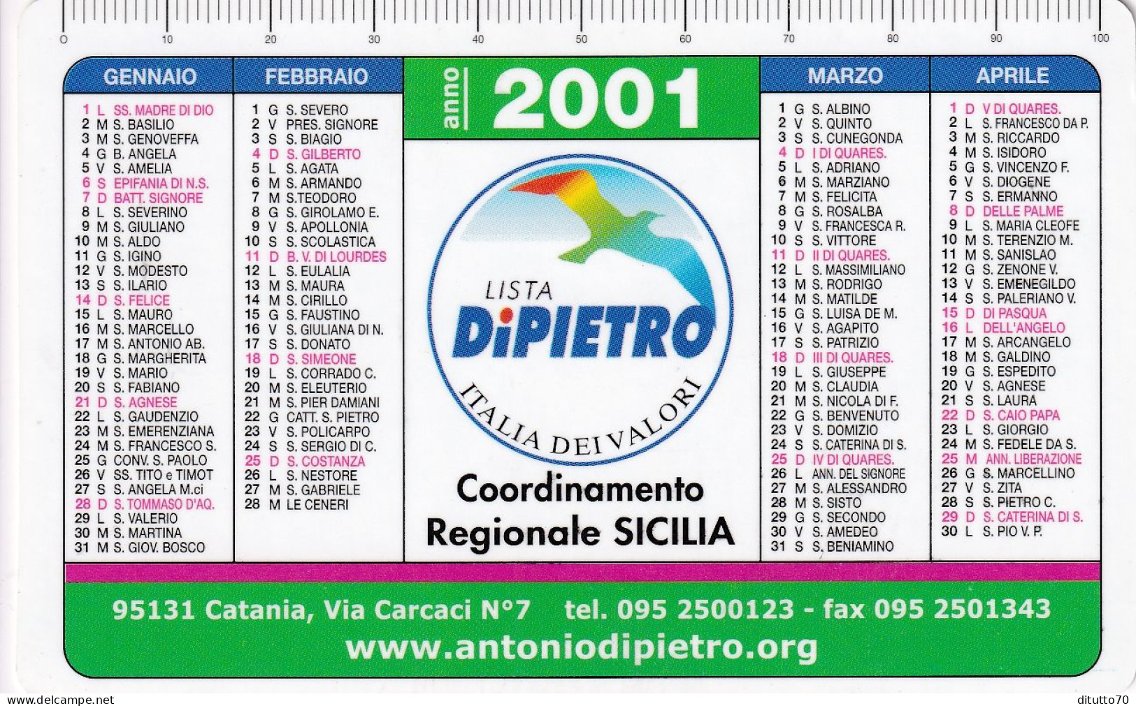 Calendarietto - Coordinamento Regione Sicilia - Italia Dei Valori - Di Pietro - Anno 2001 - Petit Format : 2001-...