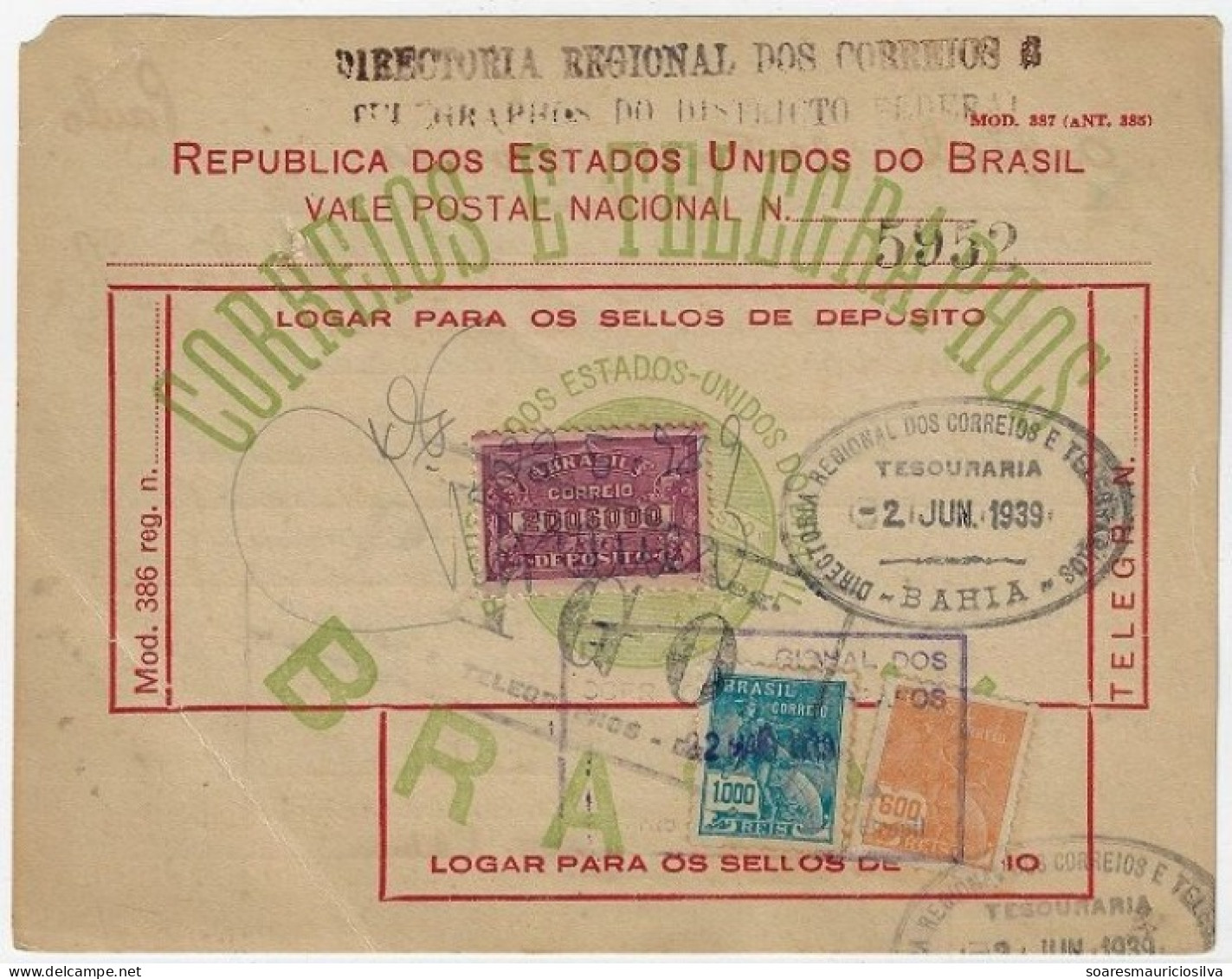 Brazil 1939 Money Order Shipped In Bahia Vale Postal Stamp 200$000 Réis + Definitite 600 And 1.000 Réis - Brieven En Documenten