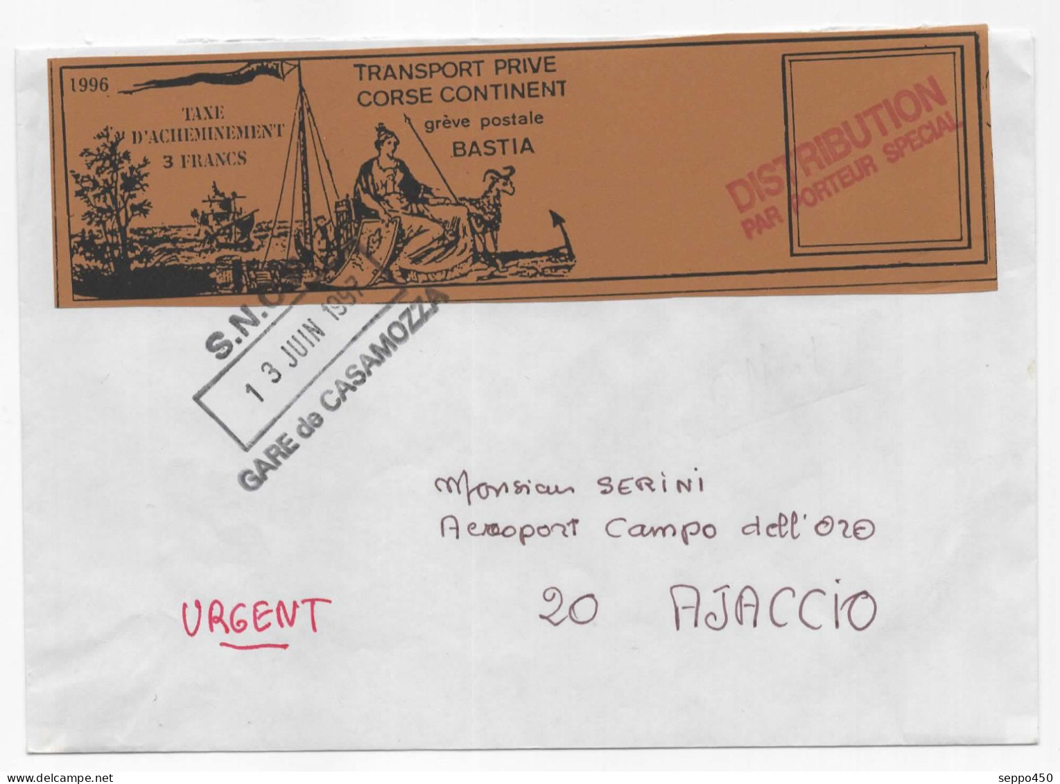 VIGNETTE TRANSPORT PRIVE BASTIA  AJACCIO PORTEUR SPECIAL 1997 GARE CASAMOZZA GREVE POSTALE LETTRE COVER - Stamps
