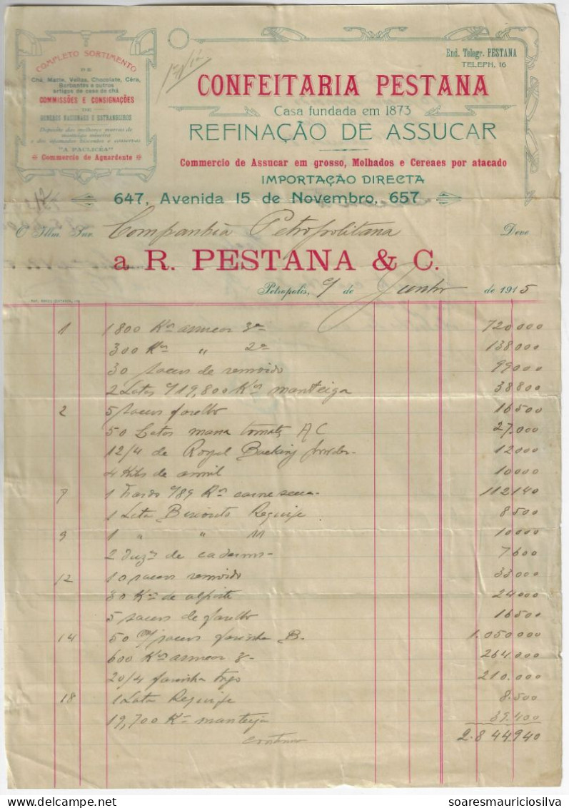 Brazil 1915 R. Pestana & Co Confectionery Invoice Issued In Petrópolis Federal Treasury Tax Stamp 300 Réis On The Back - Lettres & Documents