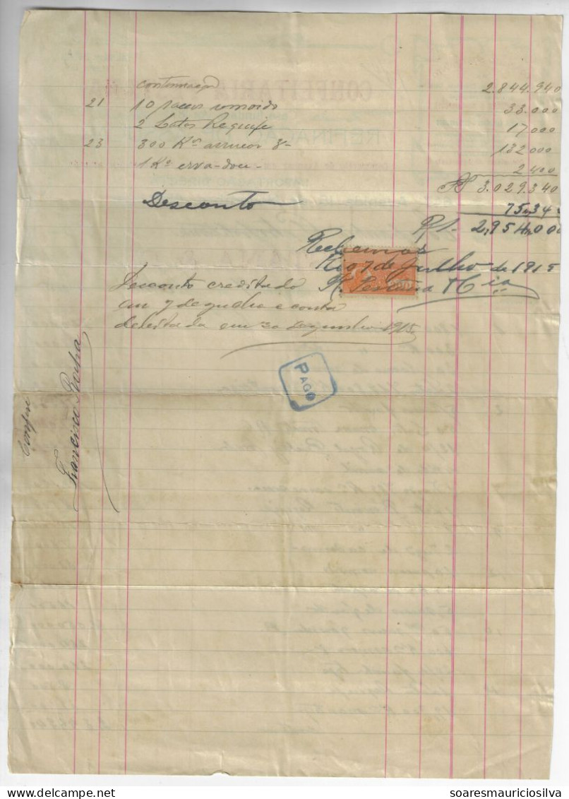 Brazil 1915 R. Pestana & Co Confectionery Invoice Issued In Petrópolis Federal Treasury Tax Stamp 300 Réis On The Back - Lettres & Documents