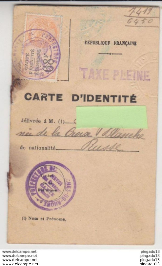 Fixe Timbre Fiscal Carte D'identité étrangers Russe Russie Tver Batoum Bouches Du Rhône 20 Janv 1926 Taxe Pleine - Brieven En Documenten
