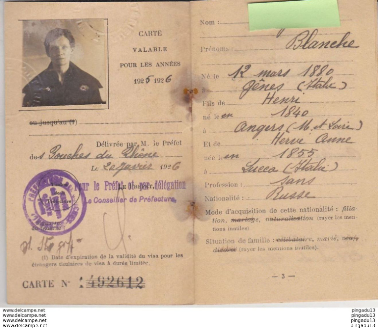 Fixe Timbre Fiscal Carte D'identité étrangers Russe Russie Tver Batoum Bouches Du Rhône 20 Janv 1926 Taxe Pleine - Lettres & Documents