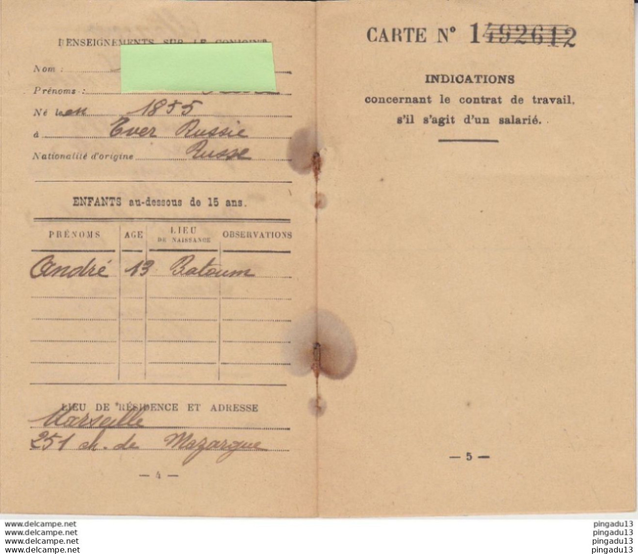 Fixe Timbre Fiscal Carte D'identité étrangers Russe Russie Tver Batoum Bouches Du Rhône 20 Janv 1926 Taxe Pleine - Covers & Documents