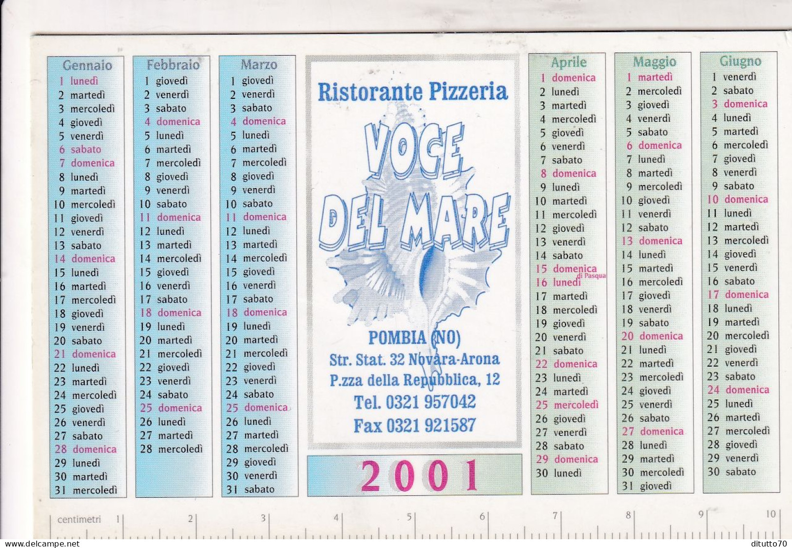 Calendarietto - Voce Del Mare - Pombia - Anno 2001 - Petit Format : 2001-...