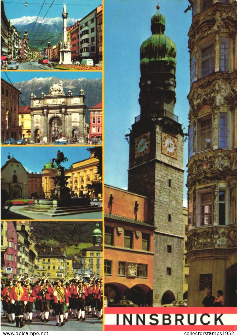 INNSBRUCK, TIROL, MULTIPLE VIEWS, ARCHITECTURE, CARS, TOWER WITH CLOCK, STATUE, FOUNTAIN, PARADE, AUSTRIA, POSTCARD - Innsbruck