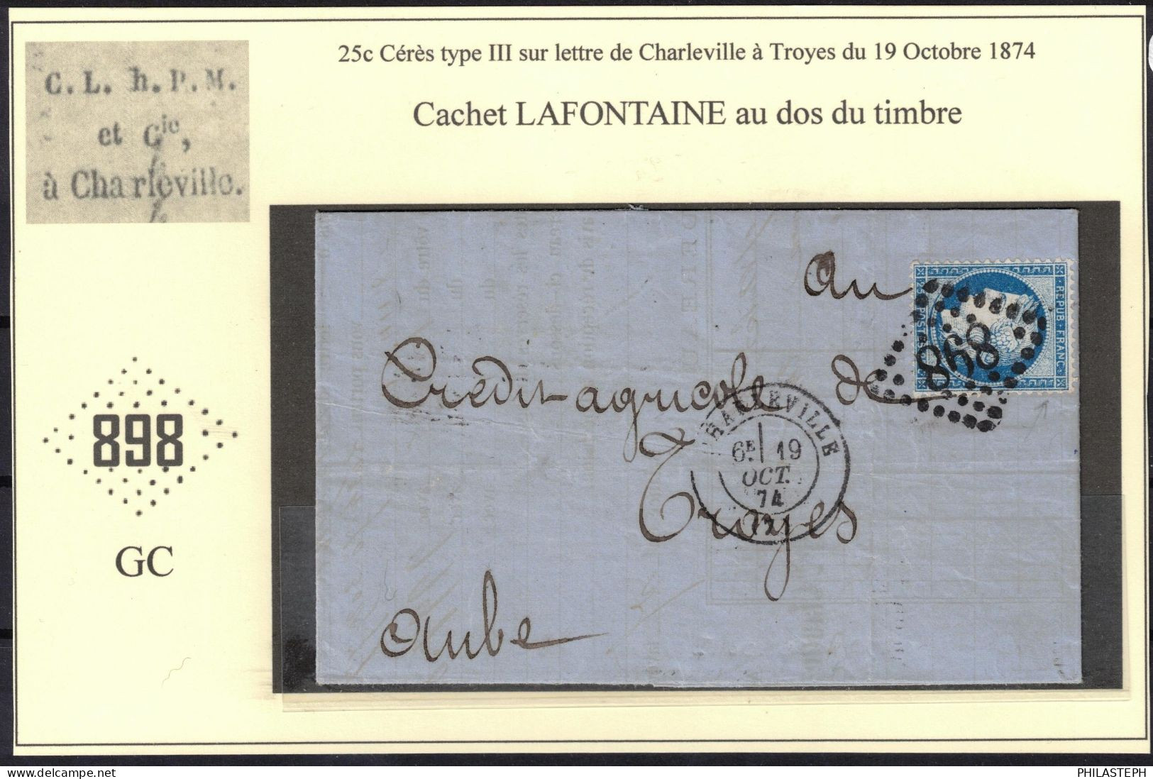 19 Octobre 1874 YT 60C  LAC De Charleville  Avec Marque De Contrôle C.L.H.P.M. Et Cie Lafontaine Au Dos Du Timbre Timbre - 1849-1876: Période Classique