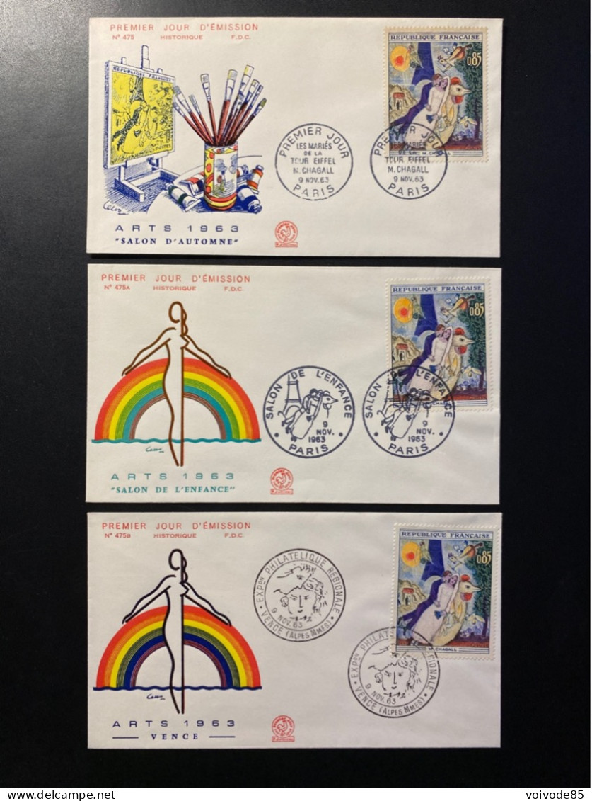Enveloppes 1er Jour "Marc Chagall - Les Mariés De La Tour Eiffel" 09/11/1963 - 1398 - Historique N° 475/475A/475B - 1960-1969