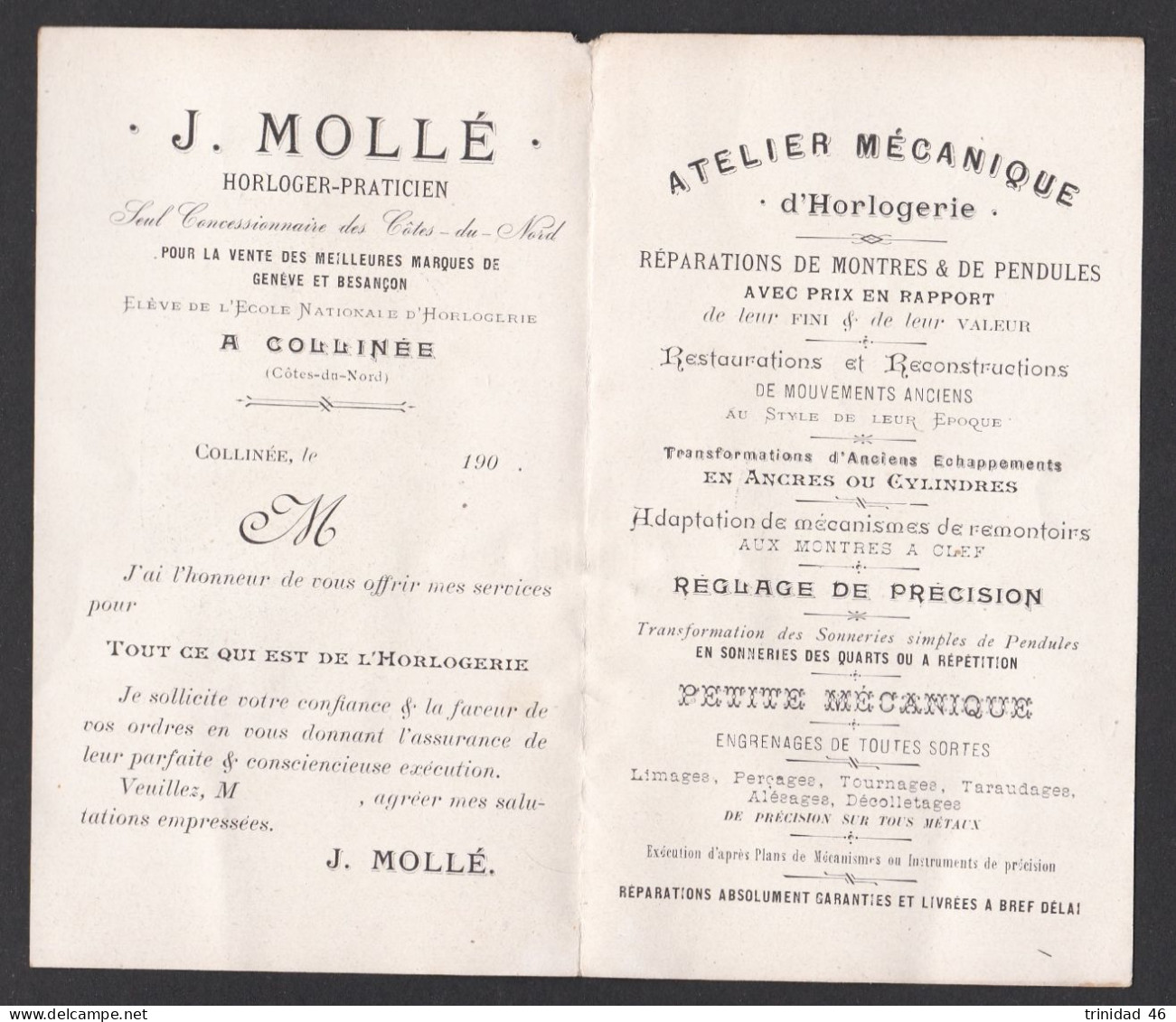 COLLINEE 22  DOCUMENT ANCIEN VERS 1900 DE L'HORLOGER J MOLLE )  HORLOGERIE - Non Classés