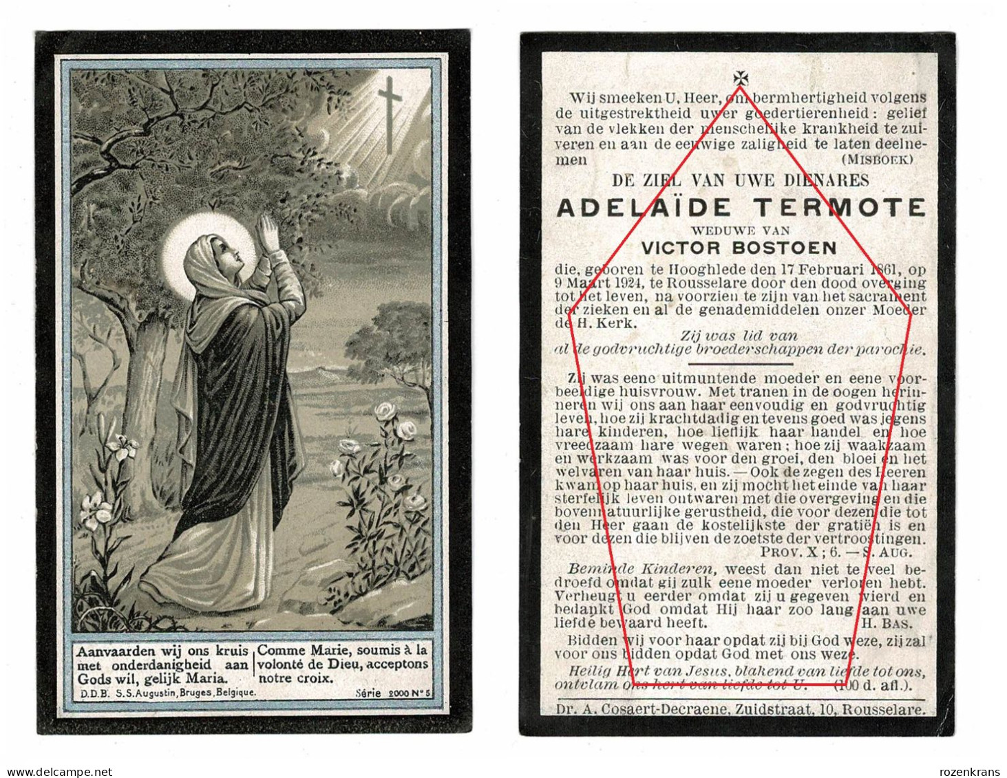 Adelaide Termote Victor Bostoen Hooglede Roeselare 1924 Litho Zilverdruk Doodsprentje Bidprentje - Todesanzeige