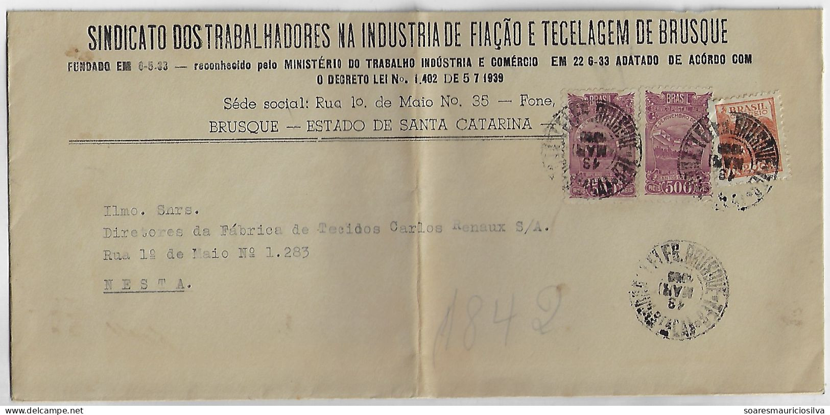 Brazil 1940s Union Of Workers In The Spinning And Weaving Industry Of Brusque Cover Definitive Stamp + 2 Airmail - Lettres & Documents