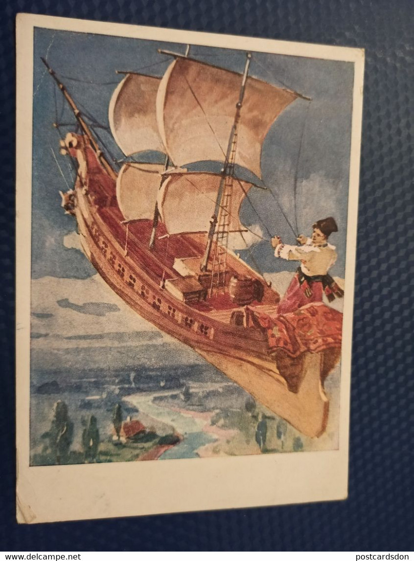 Russian  Fairy Tale - USSR  Postcard -  "Flying Ship" By Savin- 1958 Rare Edition - Vertellingen, Fabels & Legenden