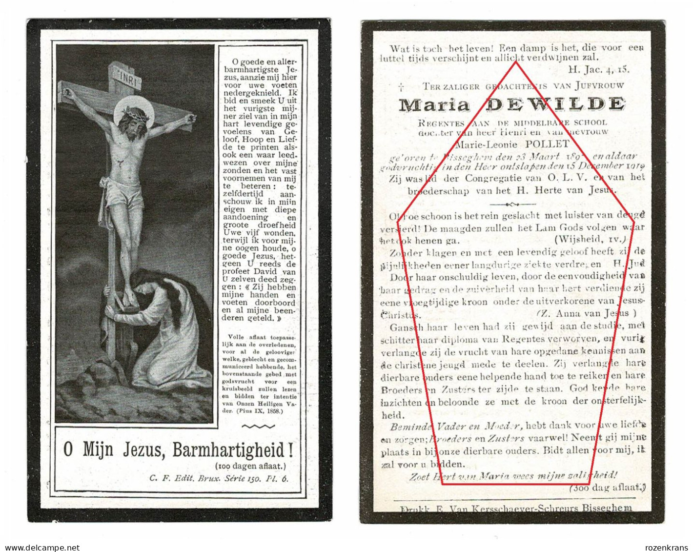 Maria Dewilde De Wilde Henri Marie-Leonie Pollet Bissegem 1919 Doodsprentje Bidprentje - Décès