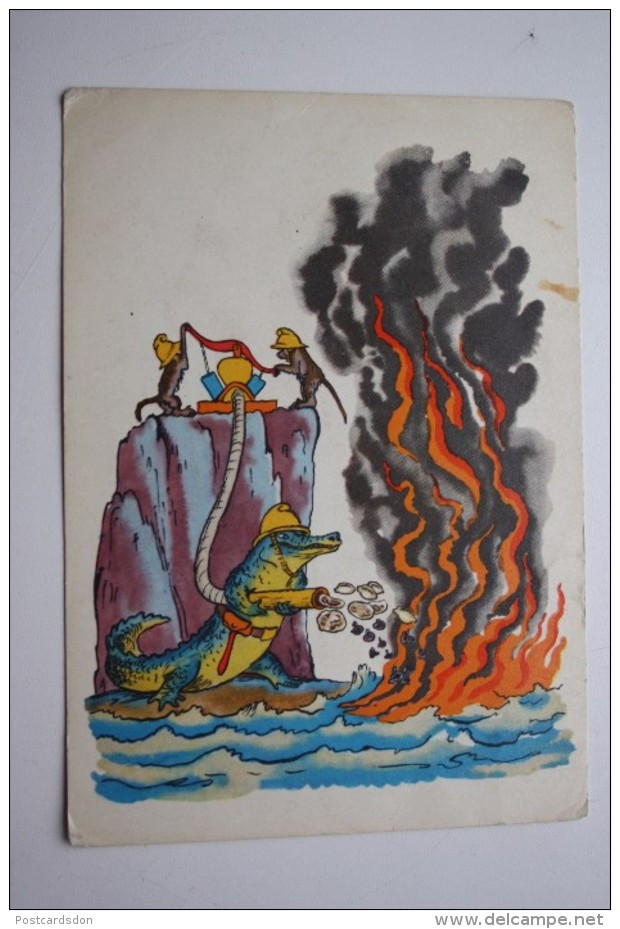 PUTANITSA - Fairy Tale By Chukovsky - Fireman (Firefighter) OLD USSR PC 1964 Crocodile Monkey - Feuerwehr
