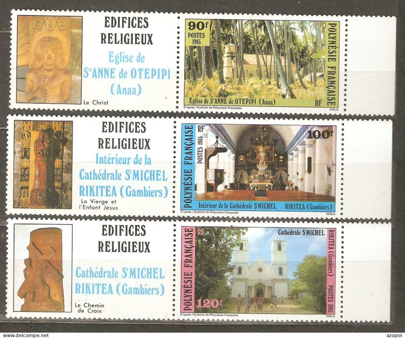 Polynesia: Full Set Of 3 Mint Stamps With Labels, Catholic Churches, 1985, Mi#439-441, MNH - Ungebraucht