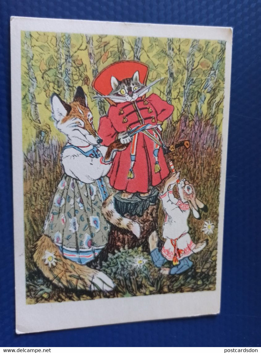 Russian Fairy Tale. "Kotofey"  - Illustrator Rachev - Old Postcard - 1960 - Cat Fox And Bunny Playing Flute - Vertellingen, Fabels & Legenden