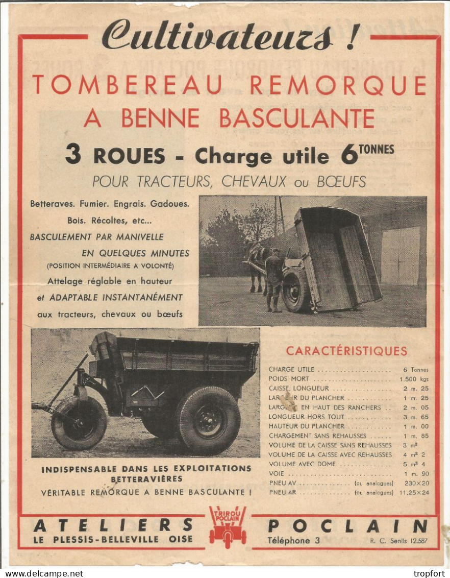 PAGE  Publicitaire  AGRICOLE AGRICULTURE  Tombereau Remorque  POCLAIN LE PLESSIS-BELLEVILLE - Publicités
