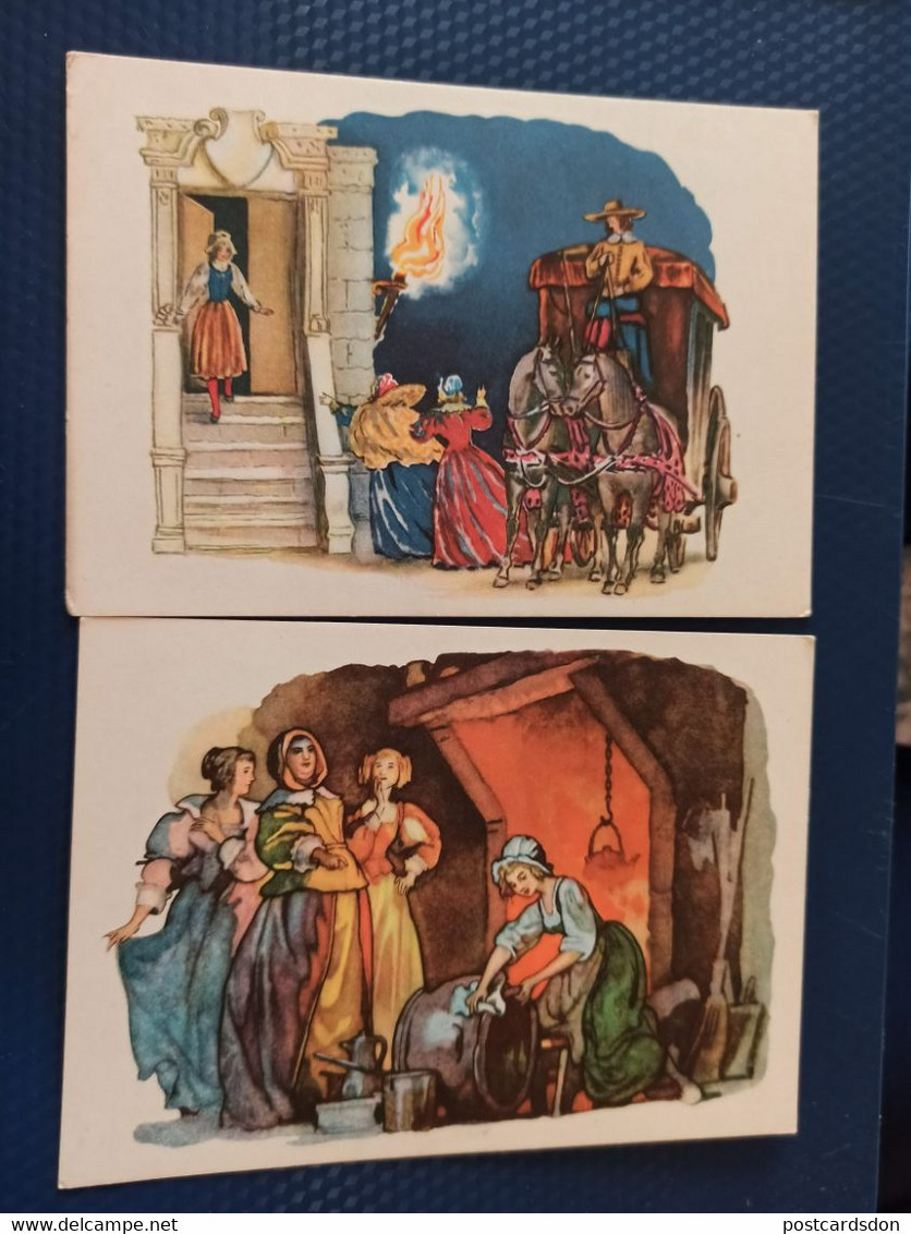 2 Pcs Lot - Charles Perrault Fairy Tale - OLD USSR  Postcard -  "Cinderella " By Konashevich - 1964 - Contes, Fables & Légendes