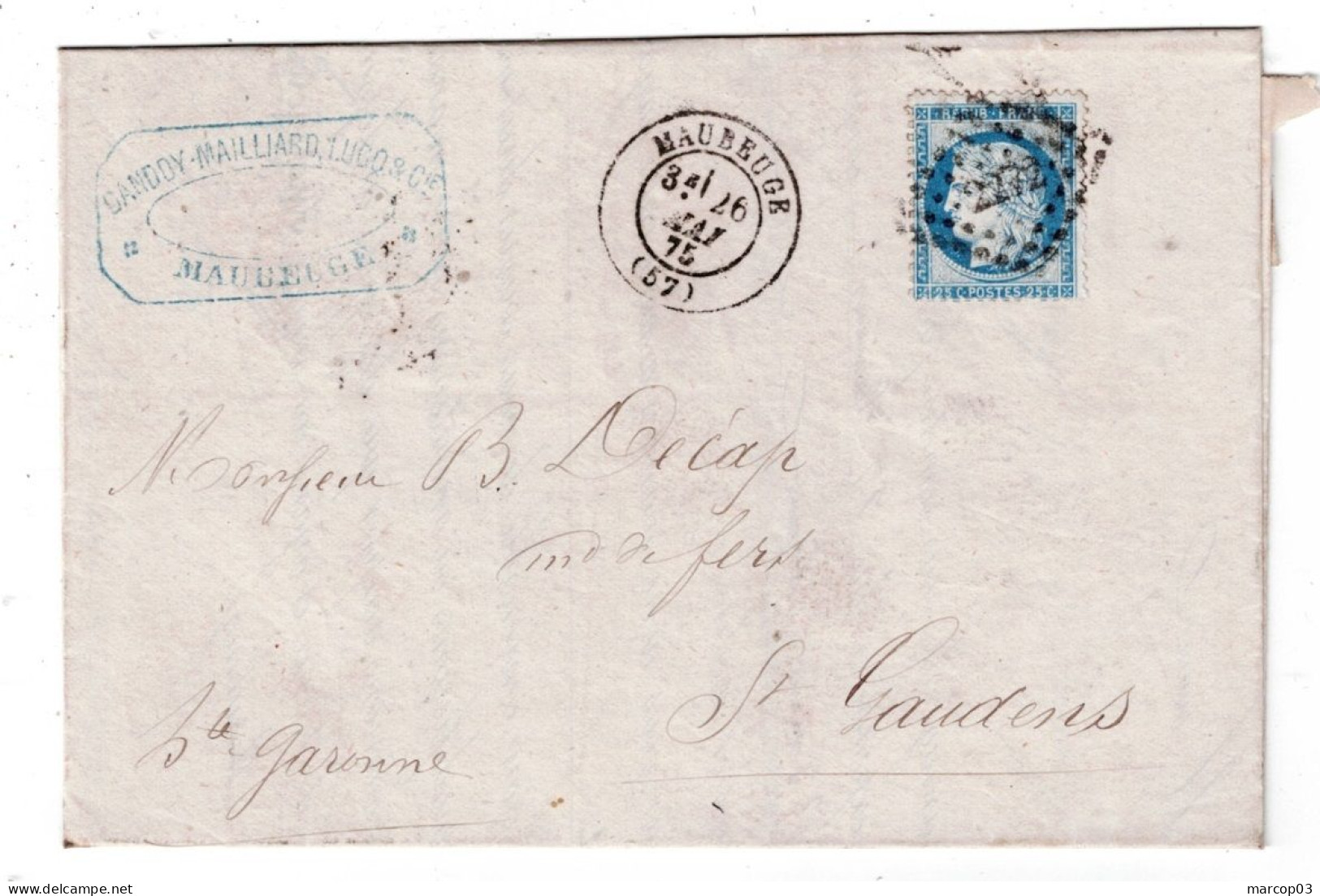 59 NORD MAUBEUGE LAC TAD 17 Du 26/05/1875 PC Du GC 2272 Sur N°60 SUP - 1849-1876: Période Classique