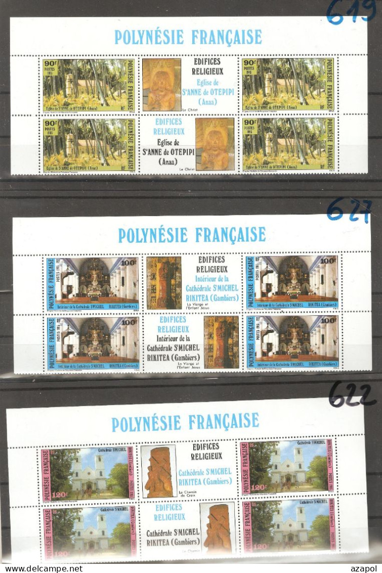 Polynesia: Full Set Of 3 Mint Stamps In Blocks Of 4 With Labels, Catholic Churches, 1985, Mi#439-441, MNH - Nuevos