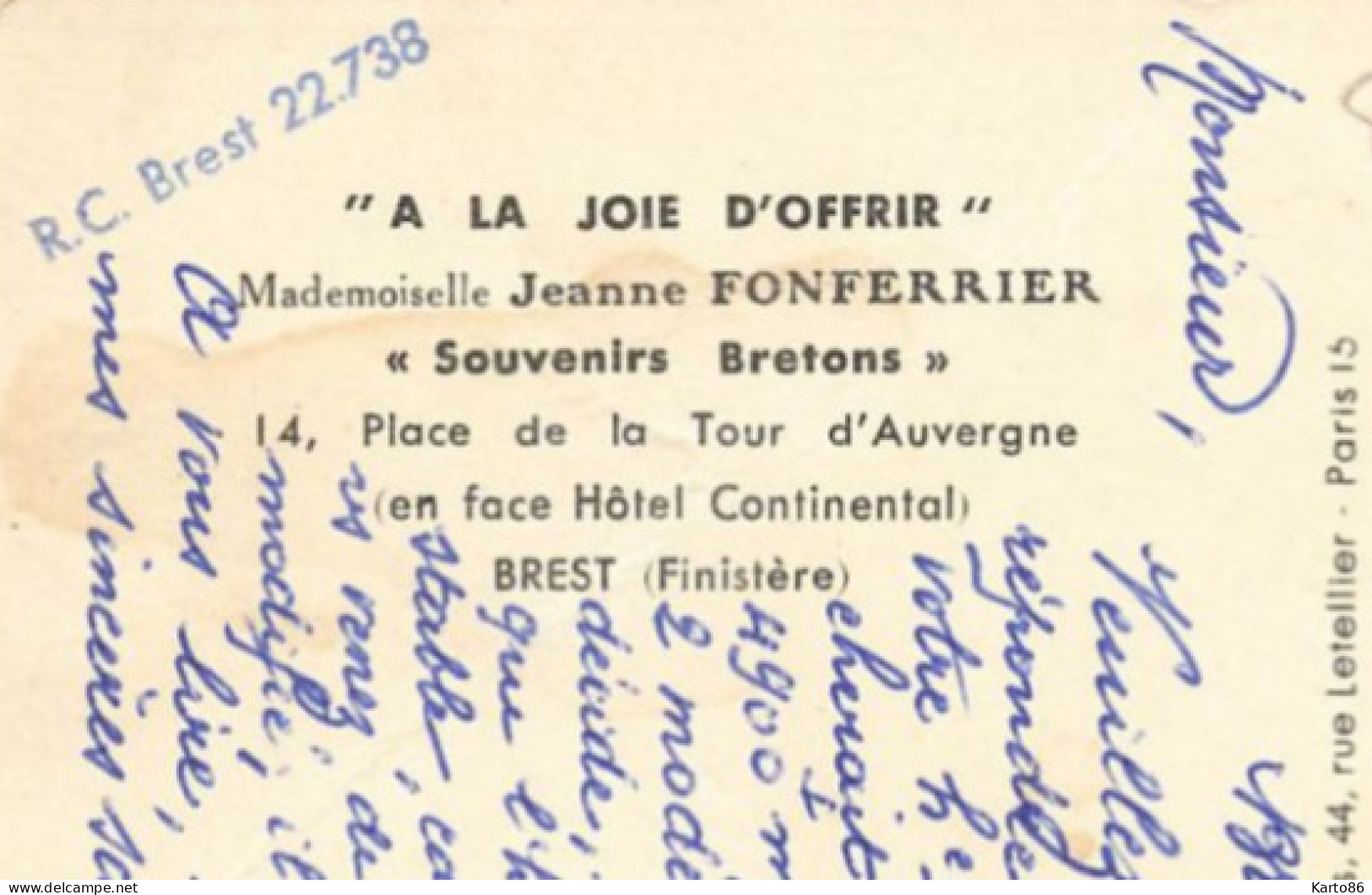 Brest * Magasin Commerce A La Joie D'Offrir Mlle Jeanne FONFERRIER Souvenirs Bretons 14 Place De La Tour D'auvergne - Brest