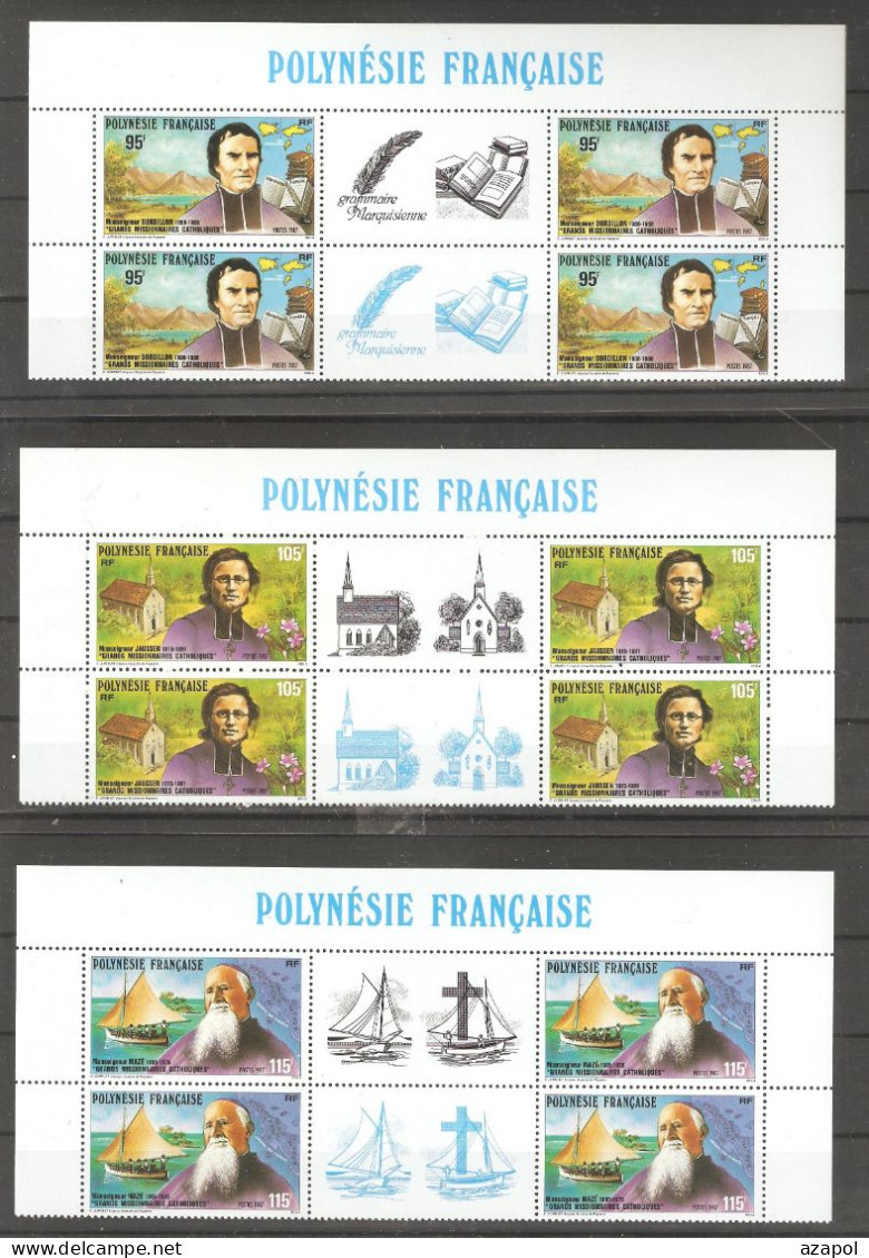 Polynesia: Full Set Of 3 Mint Stamps In Blocks Of 4 With Labels, Catholic Missionaries, 1987, Mi#492-494, MNH - Neufs