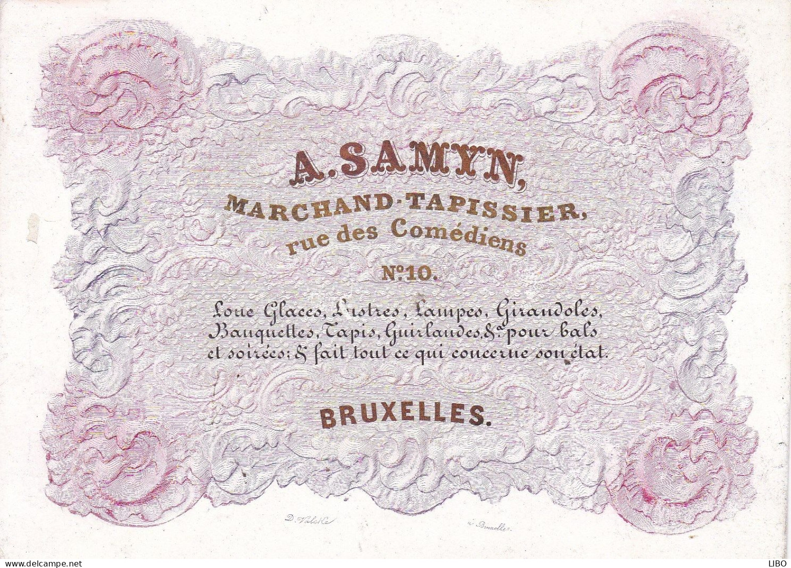 BRUXELLES Marchand Tapissier SAMYN Rue Des Comédiens 10 Lampes Guirlandes Etc Carte De Visite Porcelaine Années 1850 - Cartes De Visite