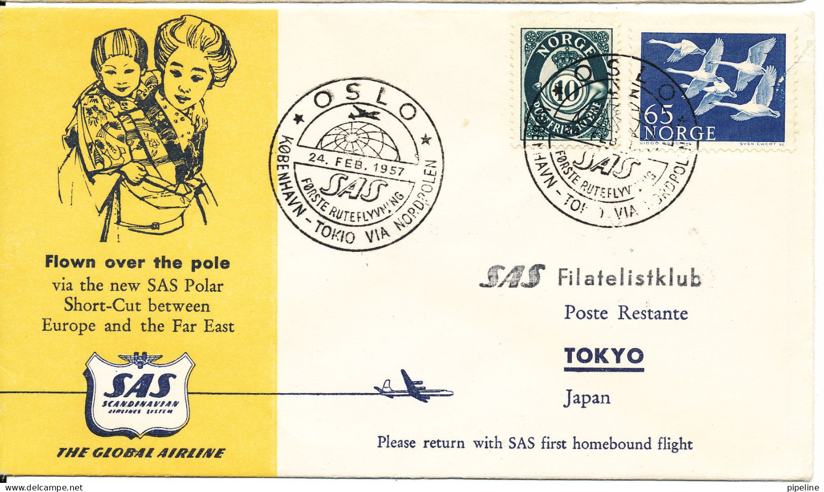 Norway First SAS Ordinary Flight Copenhagen - Tokyo Via The North Pole 24-2-195 - Lettres & Documents