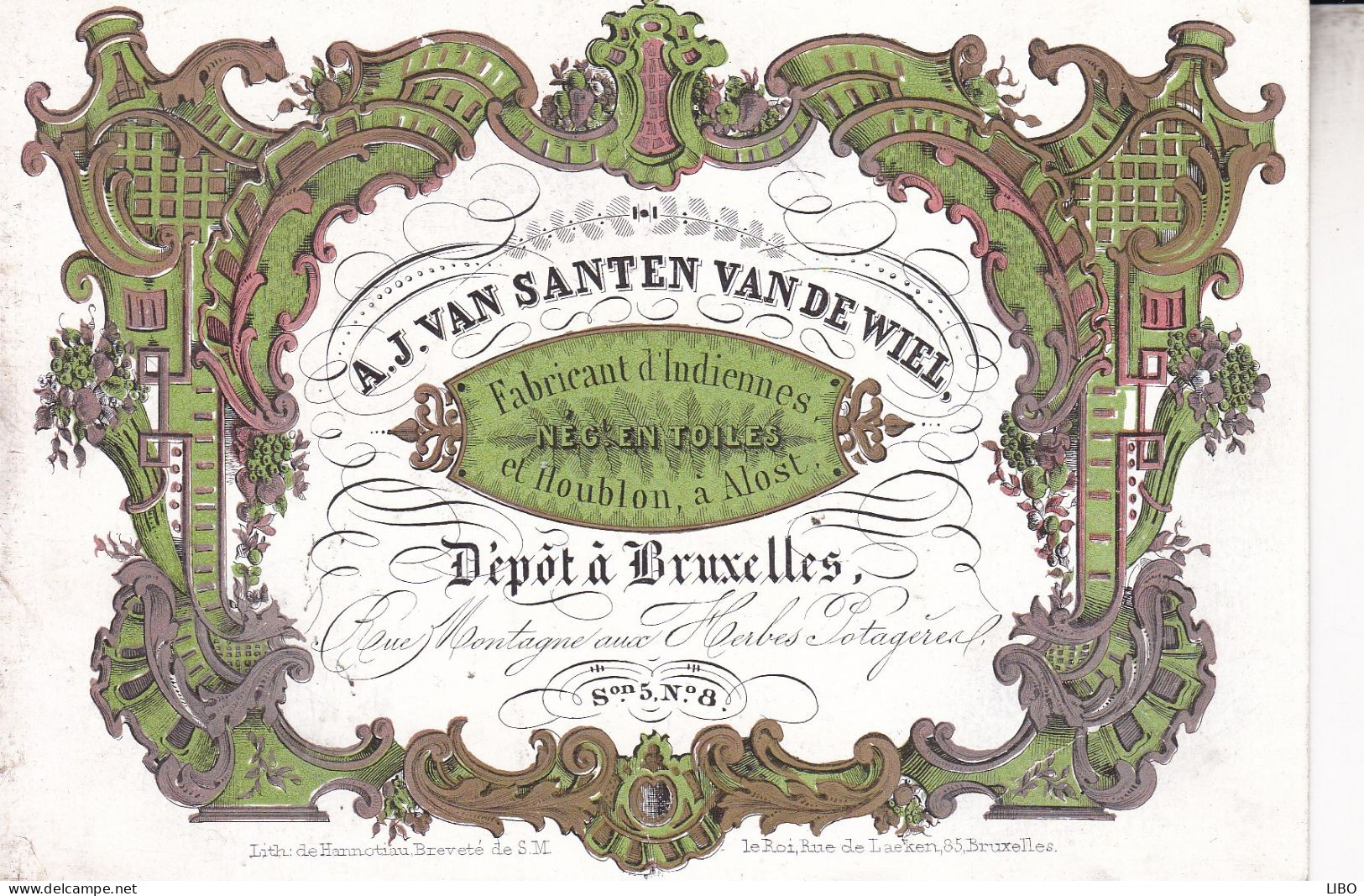 BRUXELLES ALOST Fabricant D'indiennes VAN SANTEN VAN DE WIEL Dépôt à Bruxelles Carte De Visite Porcelaine Années 1850 - Visiting Cards