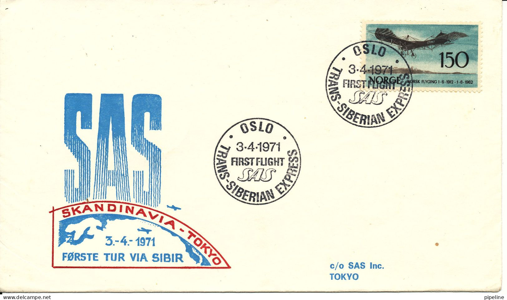 Norway First SAS Flight Trans Siberian Express, Oslo - Tokyo 3-4-1971 - Lettres & Documents
