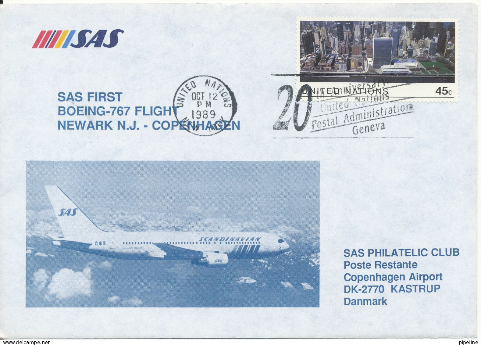 USA United Nations Cover First SAS Boeing-767 Flight Newark N.J. - Copenhagen 12-10-1989 - Enveloppes évenementielles