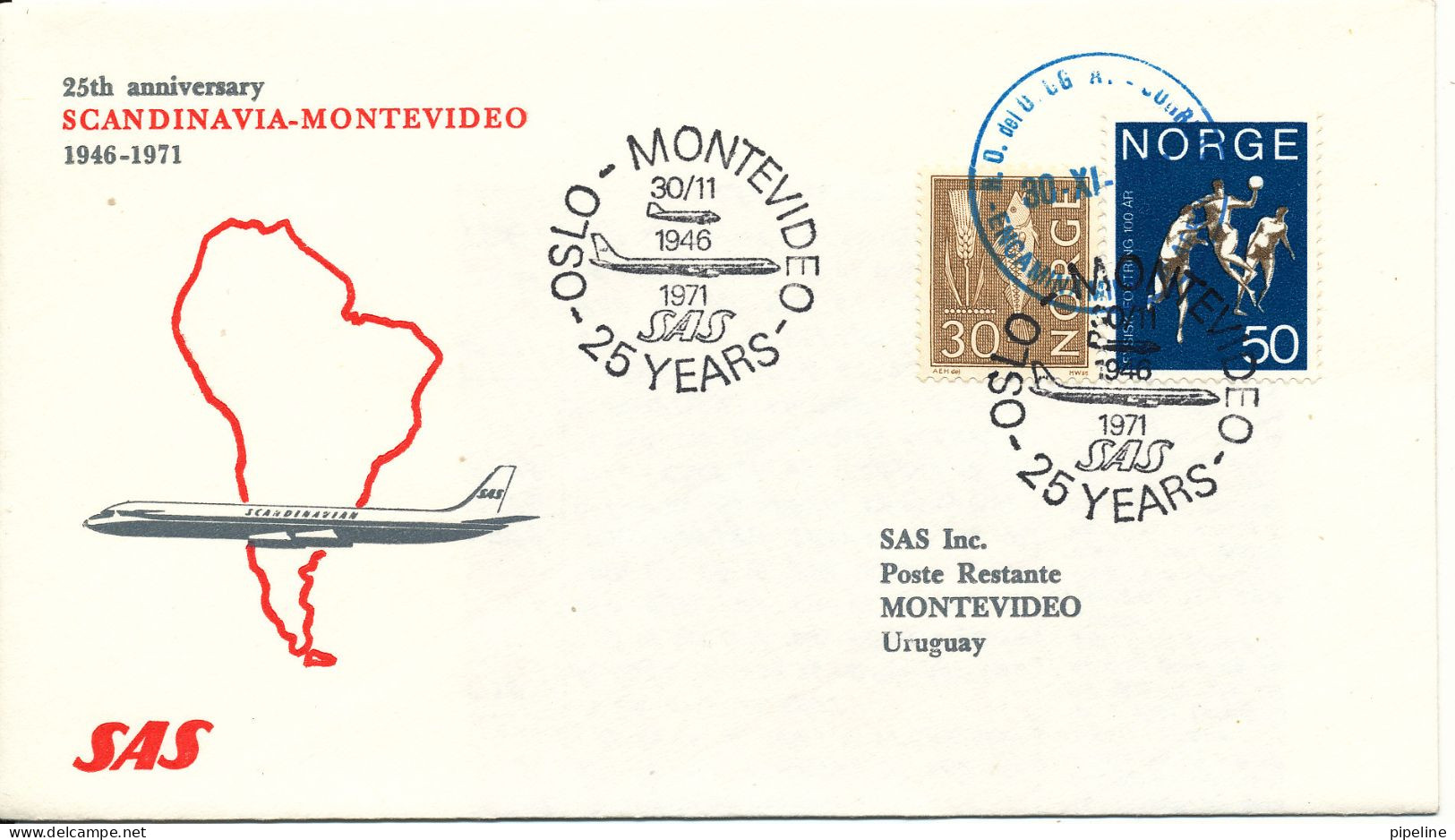 Norway SAS Flight 25th. Anniversary Scandinavia - Montevideo 1946 - 1971 30-11-1971 - Covers & Documents