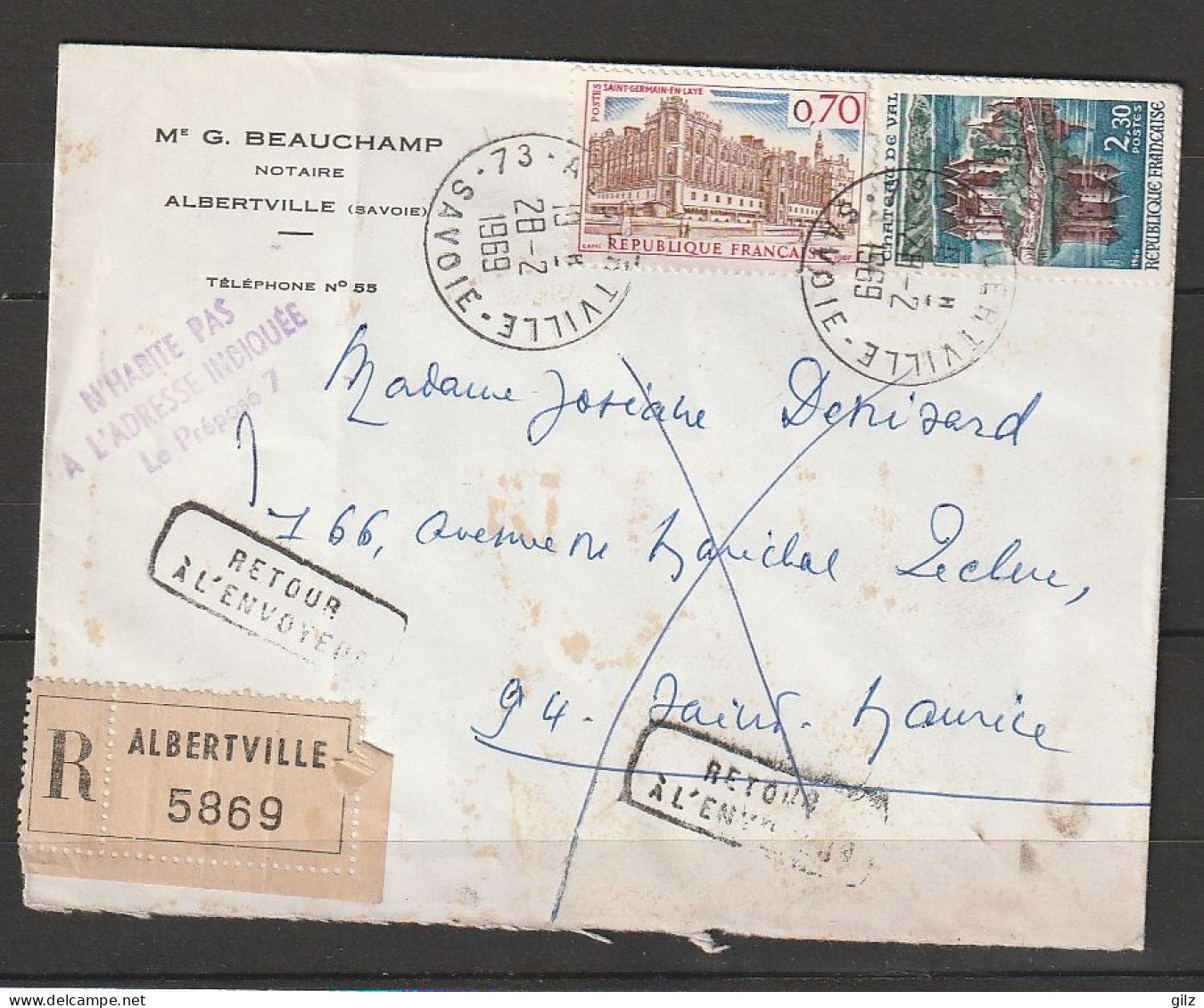Lettre Recommandée Albertville 28.02.1969 -  RETOUR A L'ENVOYEUR - Briefe U. Dokumente