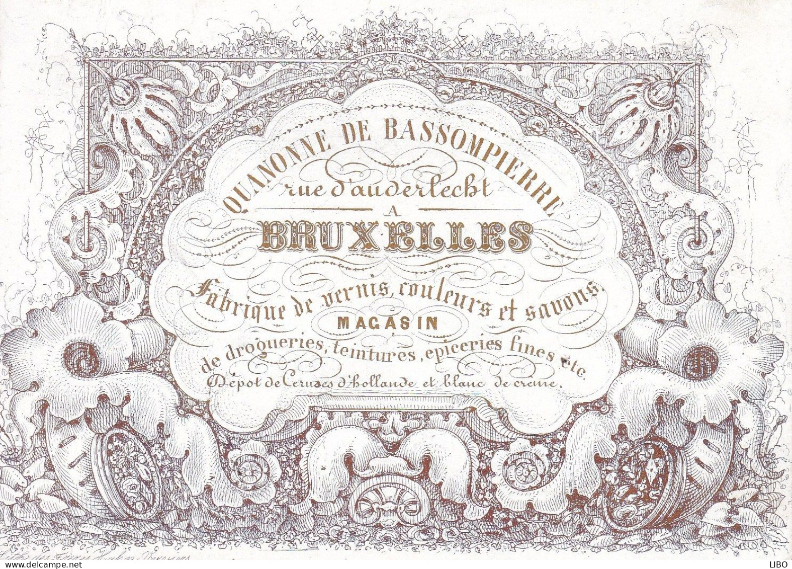 BRUXELLES  Fabrique De Vernis Couleurs De BASSOMPIERRE Rue D'Anderlecht Carte De Visite Porcelaine Années 1850 - Tarjetas De Visita
