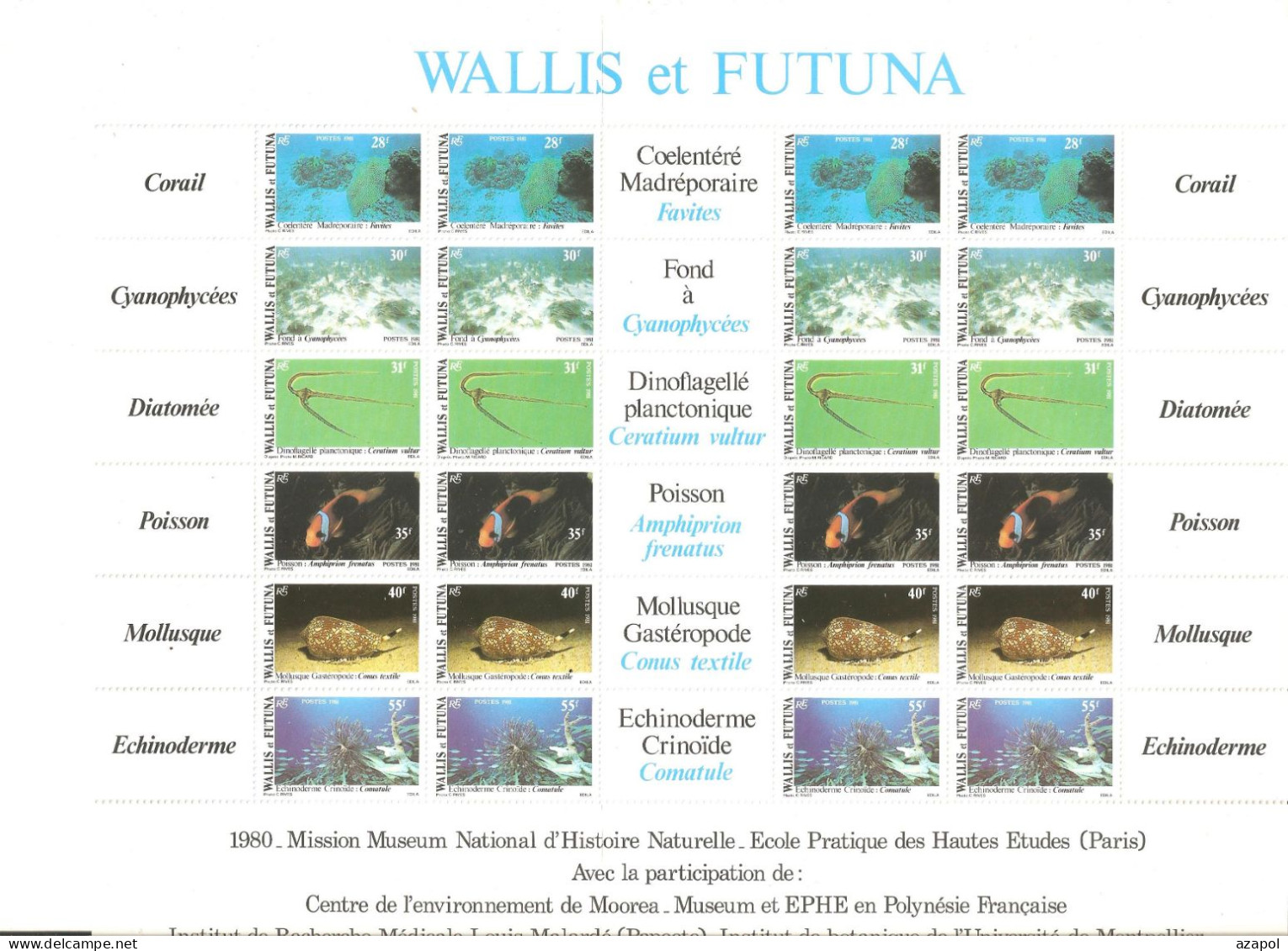 Wallis & Futuna: Full Sheet Of 6 Mint Stamps With Labels, Undersea Fauna, 1981, Mi#390-5, MNH - Neufs