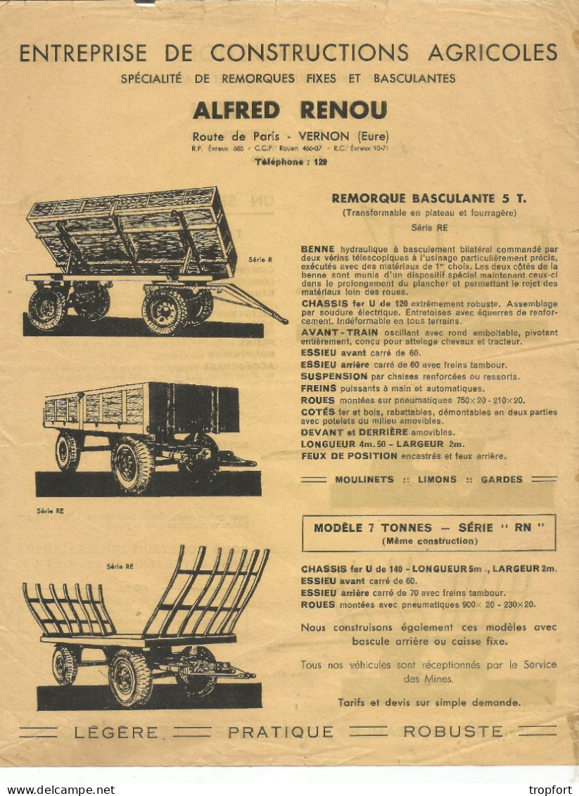 Page Publicitaire  AGRICOLE AGRICULTURE  Alfred RENOU VERNON  Remorque  Plateau Tombereau - Publicités