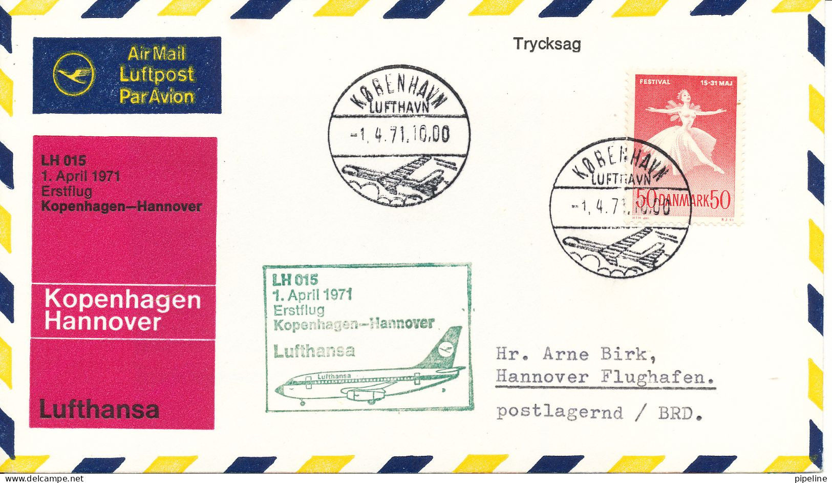 Denmark Lufthansa First Flight  Copenhagen - Hannover 1-4-1971 - Lettres & Documents