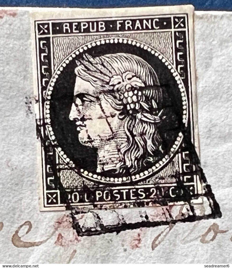 Lettre Céres N°3 20c Noir / Blanc Intense Obl Grille + Cachet Rouge "3e Distr " Càd "PARIS / 11 AOUT1849 " Pour AURILLAC - 1849-1850 Cérès