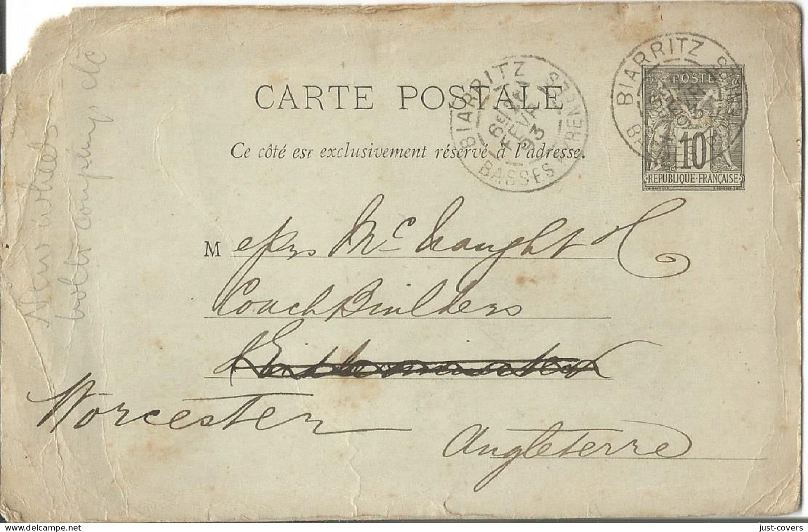 Biarritz France To Worchester England Coach Builders Feb 26 1893...................................box10 - Letter Cards