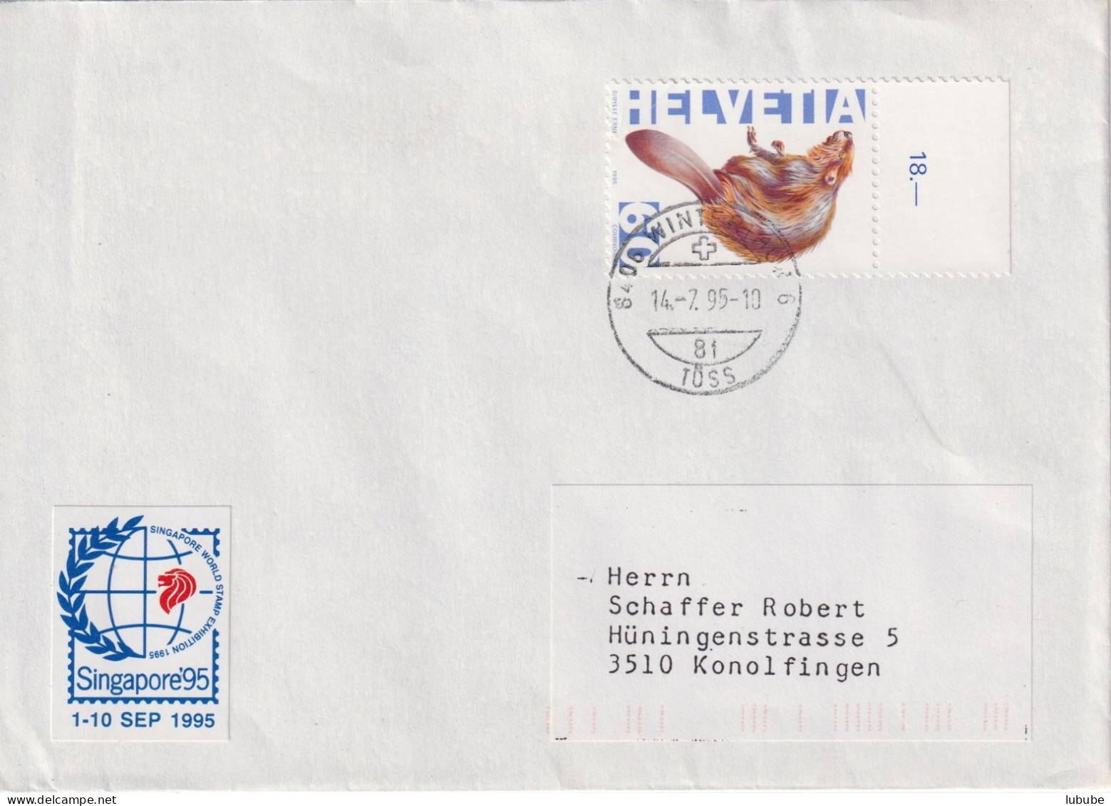 Brief  Winterthur Töss - Konolfingen  (Vignette "Singapore'95)       1995 - Briefe U. Dokumente