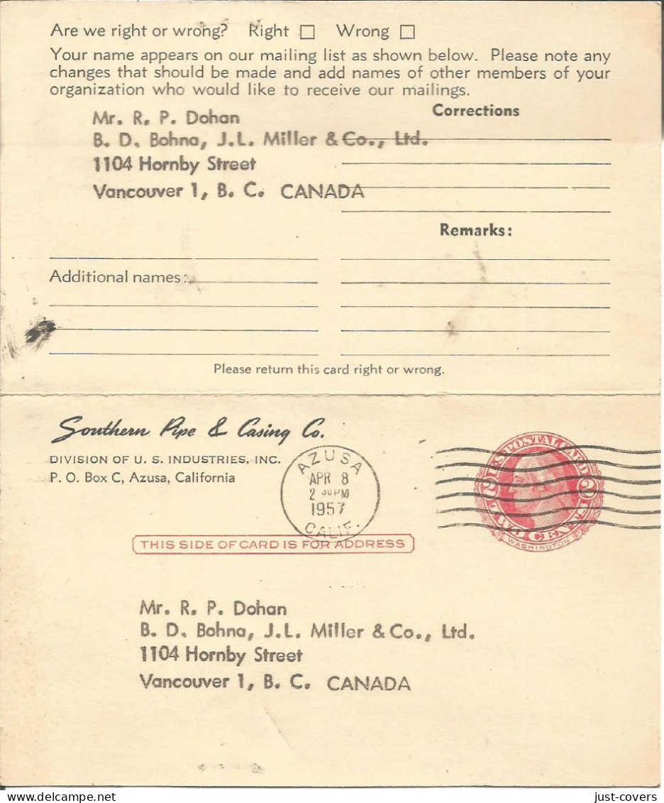 Azusa Californis To Vancouver BC Canada 1957 With Attached Reply Card...................................box10 - 1941-60