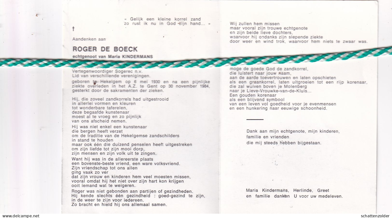 Roger De Boeck-Kindermans, Hekelgem 1930, Gent 1984. Zandkunstschilder; Foto Schilderij - Todesanzeige