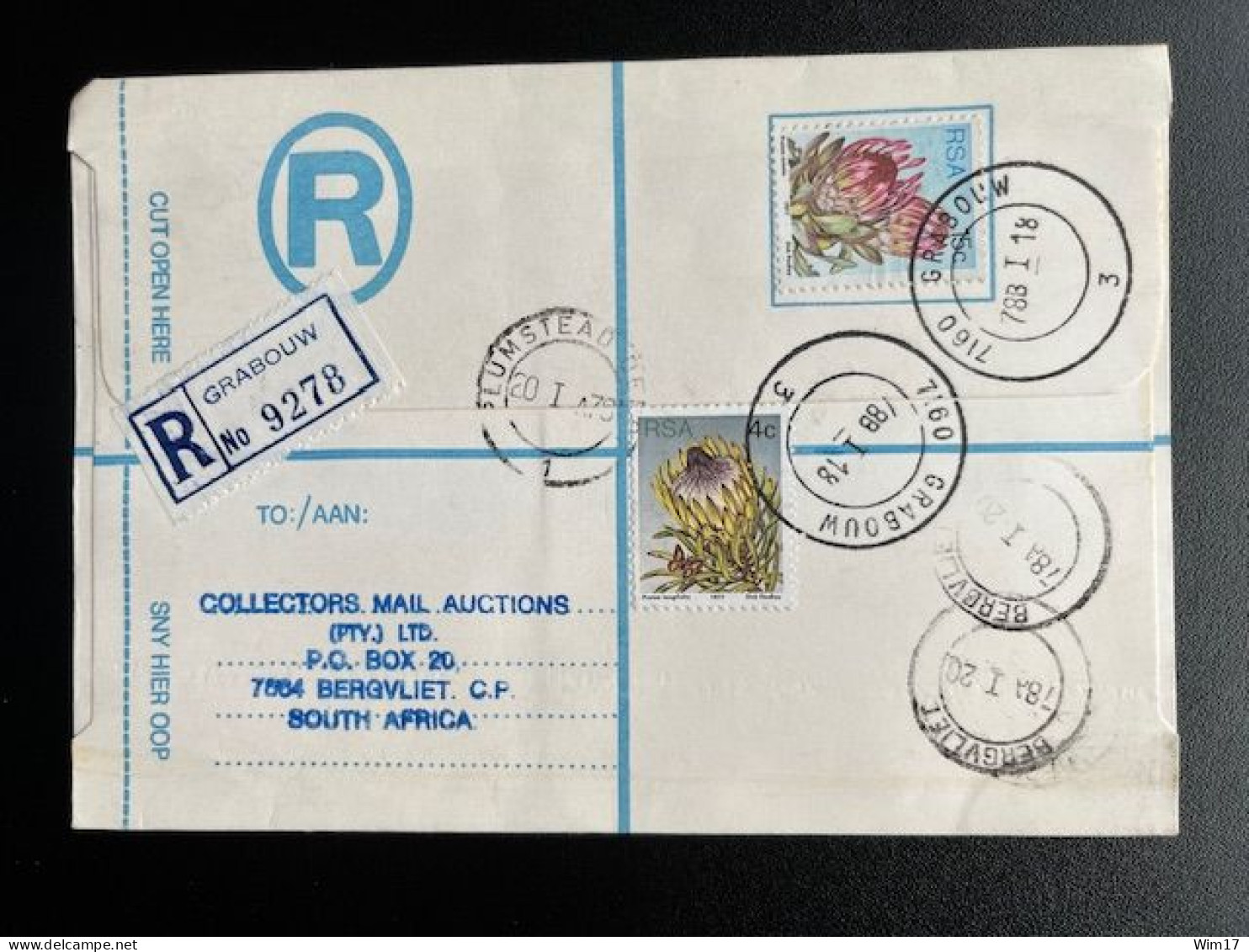 SOUTH AFRICA RSA 1978 REGISTERED LETTER GRABOUW TO BERGVLIET CAPE TOWN 18-01-1978 ZUID AFRIKA - Lettres & Documents