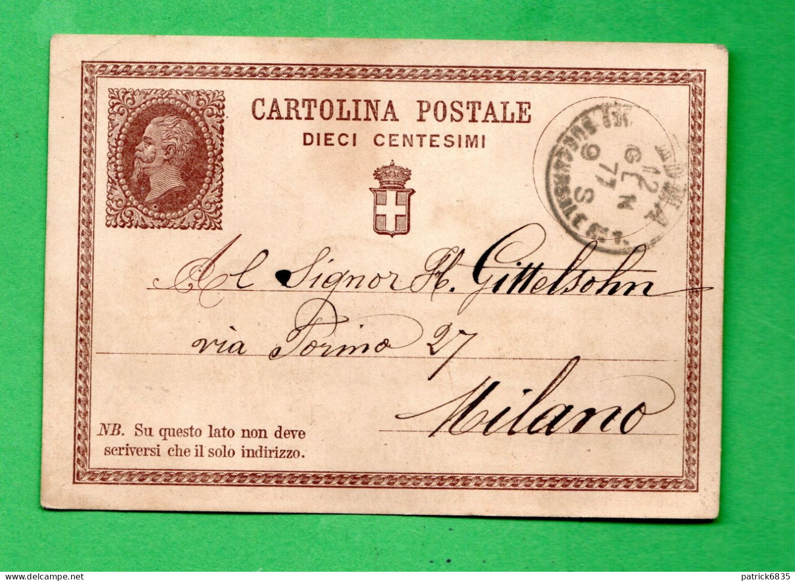 CARTOLINA POSTALE- VITTORIO EMANUELE II .1874  C. 10. ROMA Per MILANO. 12/01/1877 - Postwaardestukken