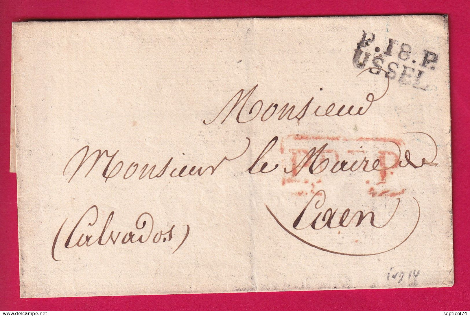 MARQUE P18P USSEL CORREZE INDICE 14 POUR CAEN CALVADOS LETTRE - 1801-1848: Vorläufer XIX