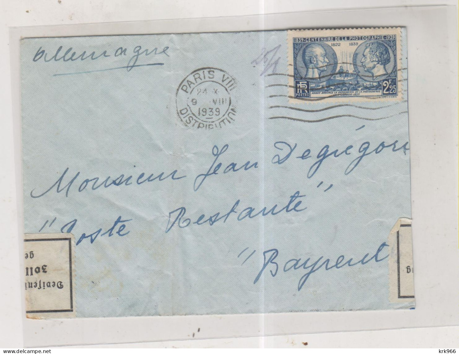 FRANCE  1939  PARIS Nice Cover To Germany - Brieven En Documenten